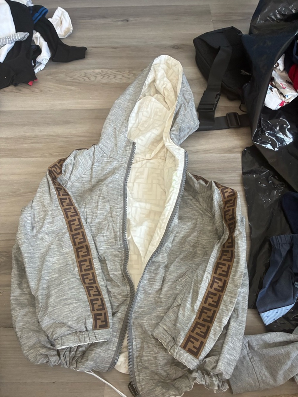 Fendi Grey and Brown Logo-Trim Kids Raincoat